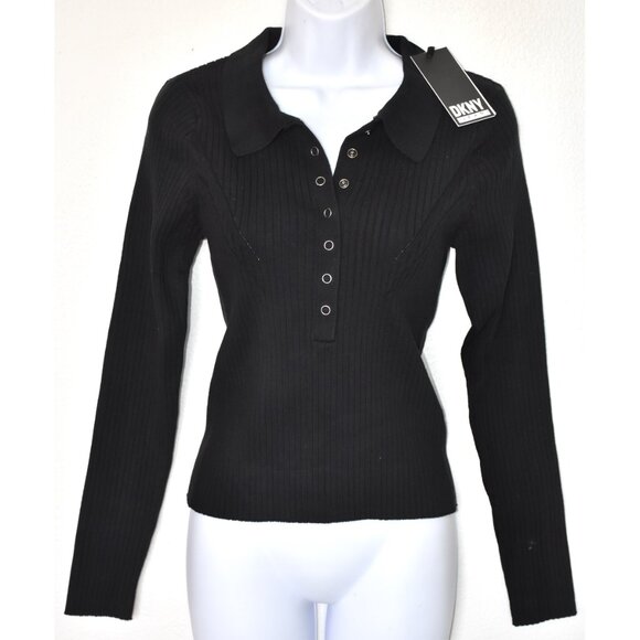 DKNY JEANS WOMEN NWT RIB COTTON BLEND KNIT BLACK POLO SWEATER. SIZE L - Picture 4 of 10